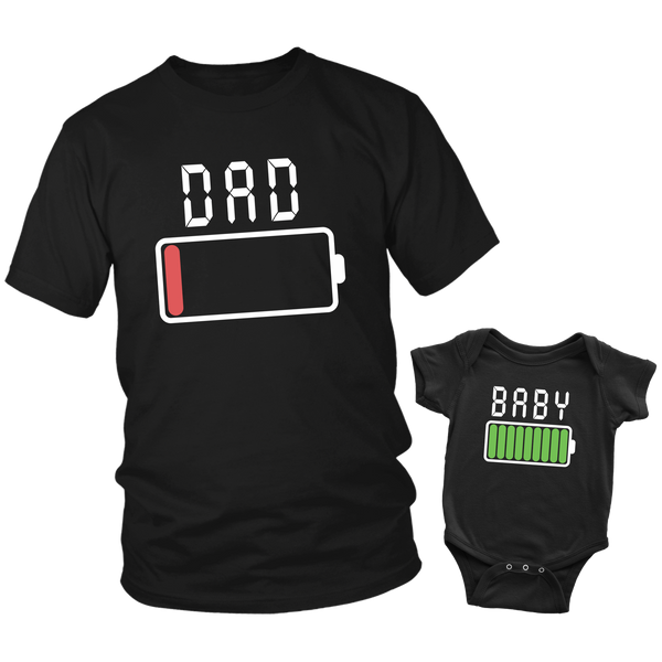Daddy and Me Battery Shirt and Baby Onesie Black Set